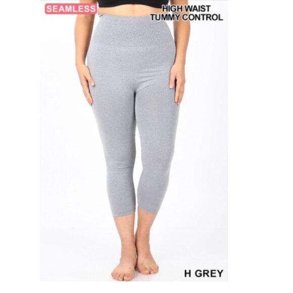 PLUS SIZE Heathered gray control top high waist capri leggings - Picture 1 of 2